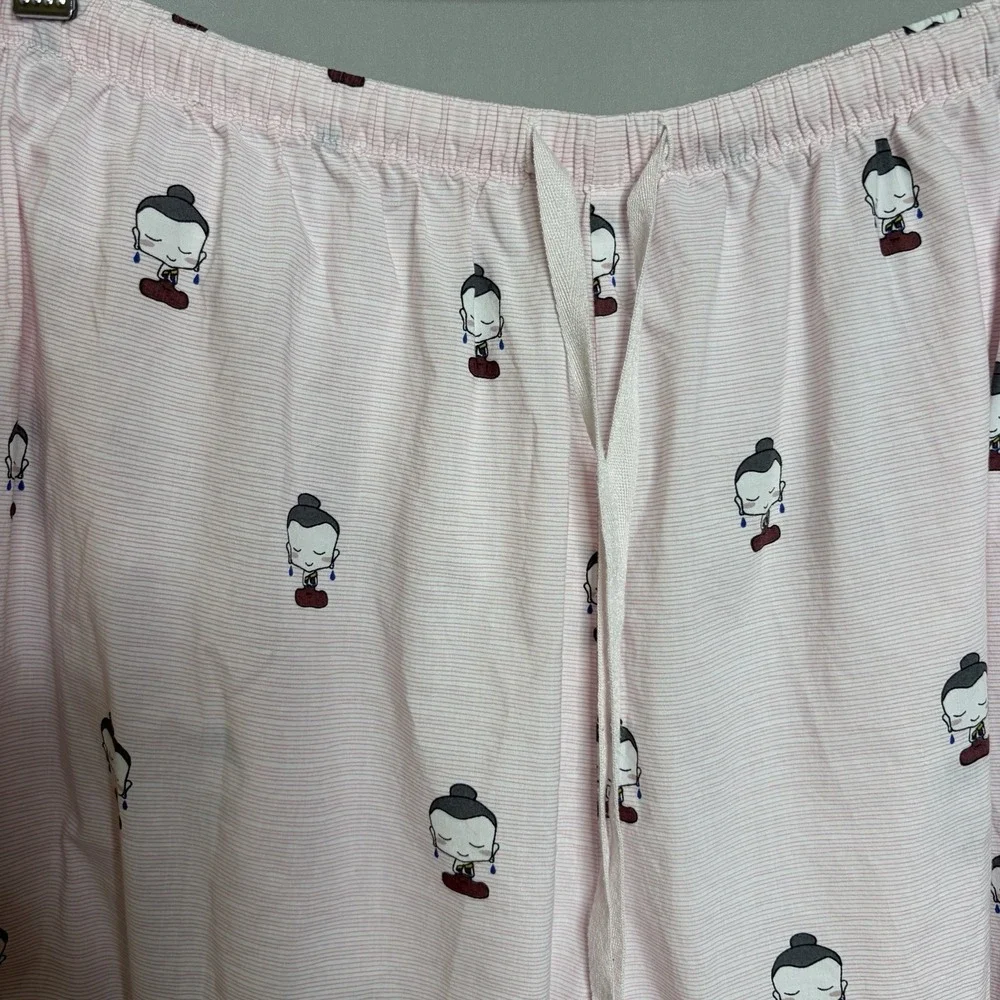 The Cats Pajamas Set L Pink Buddha Print 100% Cotton Button Top Pants